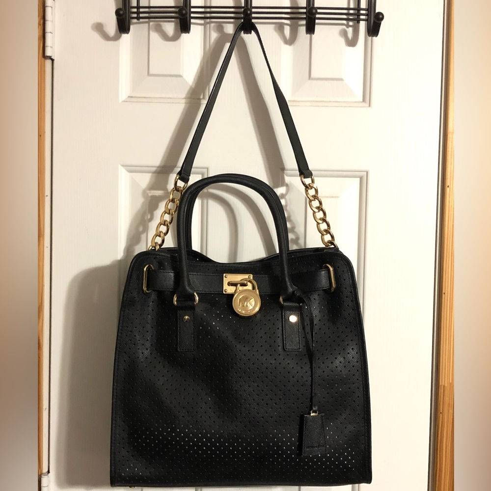 Michael Kors LARGE Black Leather Perforated Hamilton Tote Bag Gold Hardware